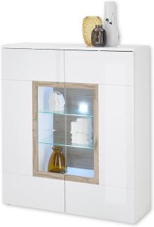 BRÜNN Highboard mit LED-Beleuchtung in Weiß, Viking Oak Optik - Moderner Wohnzimmerschrank mit viel Stauraum für Ihren Wohnbereich - 120 x 137 x 38 cm (B/H/T)