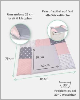 ULLENBOOM ® Wickelauflage 85x75 cm Rosa Grau (Made in EU) - Wickelunterlage Waschbar und für Unterwegs geeignet, Bezug: 100% OEKO TEX Baumwolle, Wickeltischauflage 75x85