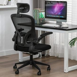 ALEAVIC Ergonomischer Bürostuhl, Bürostuhl mit klappbaren Armlehnen, Bürostuhl mit Netzstuhl mit bequemer Taillenstütze, drehbarer Bürostuhl, Schwarz