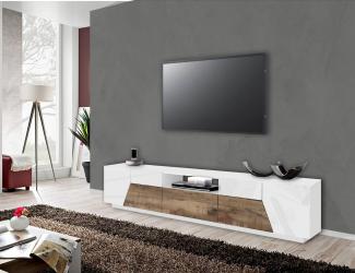 Dmora - Fernsehschrank Jacopo, Niedriges Sideboard für Wohnzimmer, Sockel für TV-Möbel, 100 % Made in Italy, cm 220x43h46, Weiß glänzend und Ahorn