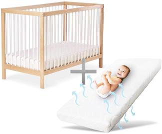 Ehrenkind® Babybett PUR inkl. Matratze 120x60 aus Natur Buchenholz | Kinderbett 9-Fach höhenverstellbar mit entnehmbaren Stangen