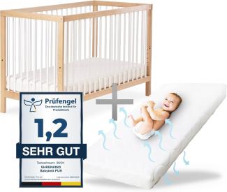 Ehrenkind® Babybett PUR inkl. Matratze 120x60 aus Natur Buchenholz | Kinderbett 9-Fach höhenverstellbar mit entnehmbaren Stangen