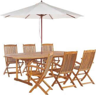 Gartenmöbel Set mit Sonnenschirm (12 Optionen) Akazienholz hellbraun 6-Sitzer MAUI