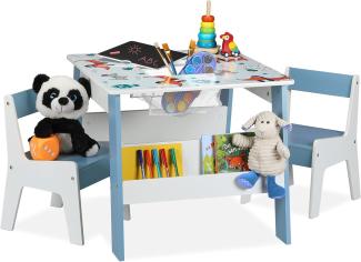 Relaxdays Kindersitzgruppe, Hunde-Motiv, Kindertisch Set, 2 Stühle, Kindersitzkombination, mit Stauraum & Tafel, bunt, Hellblau, Weiß, Schwarz