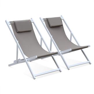 ALICE'S GARDEN Set mit 2 Sonnenliegen - Gaia taupe - aus weißem Aluminium und taupefarbenem Textilene mit Kopfstützenkissen, Liegestuhl