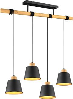 Balken Pendelleuchte HARRIS 4 flammig Schwarz Gold mit Holzbalken Breite 87cm