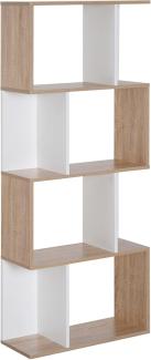 HOMCOM Bücherregal S-förmiges Standregal Lagerregal 4-stufige Vitrine mit Hardware-Schnalle moderner Raumteiler Spanplatte Naturholz+Weiß 60 x 24 x 148 cm