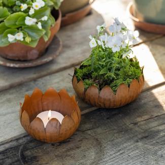 2x runde Schale "Blätter" aus Metall in Rost Optik, Ø 11 & 16 cm, Pflanzschale, Obstschale, Blumentopf, Tischdeko, Pflanzgefaß, Gartendeko für Draußen