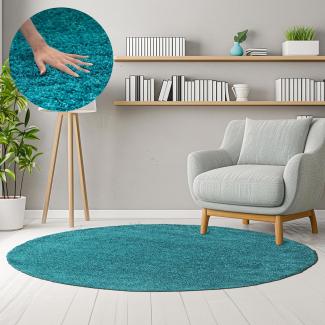 HomebyHome Hochflor Runder Teppich 200 cm Rund Einfarbig Türkis Blau Teppich Langflor Shaggy Modern Teppich für Wohnzimmer, Schlafzimmer, Pflegeleicht Flauschig Weich Rund Großer Teppich