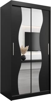 KRYSPOL Schwebetürenschrank Madryt 100 cm mit Spiegel Kleiderschrank mit Kleiderstange und Einlegeboden Schlafzimmer- Wohnzimmerschrank Schiebetüren Modern Design (Schwarz)