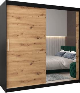 Schwebetürenschrank Tokyo 2-200 cm mit Spiegel Kleiderschrank mit Kleiderstange und Einlegeboden Schlafzimmer- Wohnzimmerschrank Schiebetüren Modern Design (Schwarz + Artisan Eiche)