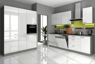 'Bianca' Küchenzeile, Spanplatte Weiß Hochglanz, 240+160 x 60 x 85 cm