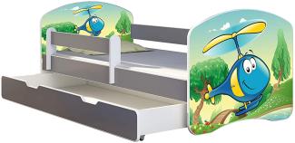 ACMA Kinderbett Jugendbett mit Einer Schublade und Matratze Grau mit Rausfallschutz Lattenrost II (35 Hubschrauber, 160x80 + Bettkasten)