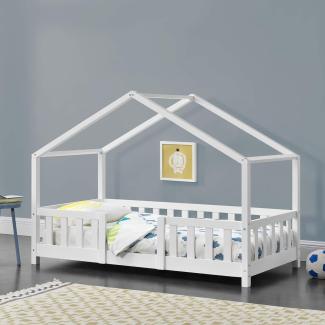 en.casa Hausbett aus Kiefernholz mit Rausfallschutz und Lattenrost, 70x140cm, weiß