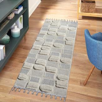 carpet city Teppich Läufer Boho Flur - Creme - 80x300 cm - Patchwork-Muster - Relief-Optik, 3D-Effekt - Cut-&Loop, Sisal - Moderne Fransen-Teppiche Schlafzimmer