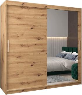 Schwebetürenschrank Tokyo 2-200 cm mit Spiegel Kleiderschrank mit Kleiderstange und Einlegeboden Schlafzimmer- Wohnzimmerschrank Schiebetüren Modern Design (Artisan Eiche)