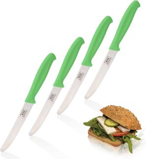 KHG 4er Set Frühstücksmesser Brötchenmesser Tomatenmesser Grün | 12 cm Klinge Edelstahl mit Wellenschliff | Tafelmesser Brotzeitmesser Vespermesser mit Fingerschutz