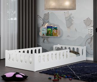 CADANI Monte Bodenbett 160x80 cm Weiß, Flexibler Rausfallschutz abnehmbar, Kinderbett Umbaubar, Montessori Design, 2 Eingänge, Holzbett mit Lattenrost