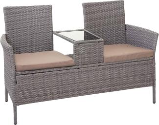 Poly-Rattan Sitzbank mit Tisch HWC-E24, Gartenbank Sitzgruppe Gartensofa, 132cm ~ grau, Kissen creme