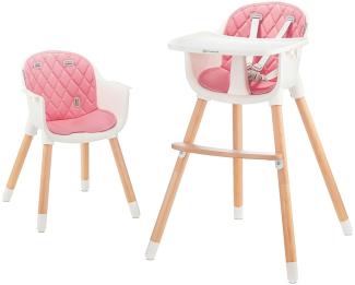 Kinderkraft 'Sienna' Kinderhochstuhl 2 in 1 Pink, Beine aus Holz, 5-Punkt-Gurt, Fußstütze, rutschfeste Stuhlbeinkappen inkl. abnehmbares Essbrett
