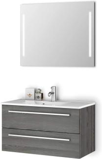 Sieper I Waschtisch mit Unterschrank 90 x 50 cm und Spiegel mit Beleuchtung, Badmöbel Set Libato I Pinie Schwarz