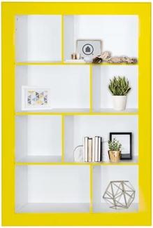 Frame - Bücherregal, Regal, Büroregal mit vielen Fächern in asymmetrischer Anordnung und farbigen Rahmen und Kanten: 8 Fächer / Gelb