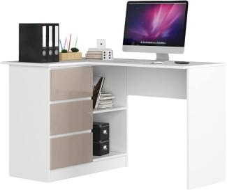 AKORD Eck-Schreibtisch B-16 mit 3 Schubladen und 2 Ablagen | Schreibtisch | ecktisch | Eck Schreibtisch für Home Office | Einfache Montage | B124 x H77 x T85, 48 kg Weiß/Glänzender Cappuccino