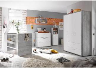 Storado 'Frieda' 5-tlg. Babyzimmer-Set, vintage wood grey/weiß matt, aus Bett 70x140 cm, Kleiderschrank, Wickelkommode, Wandregal und Beistellschrank