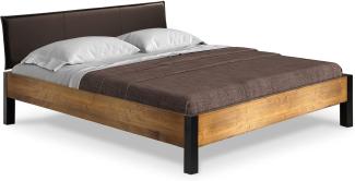 Möbel-Eins CURBY Bett Metallfuß, mit Polsterkopfteil, Material Massivholz, rustikale Altholzoptik, Fichte vintage 160 x 200 cm Kunstleder Braun ohne Steppung