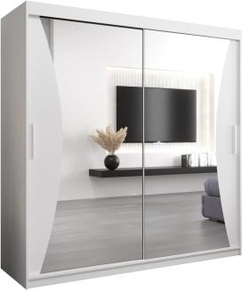 Kryspol Schwebetürenschrank Monaco 200 cm mit Spiegel Kleiderschrank mit Kleiderstange und Einlegeboden Schlafzimmer- Wohnzimmerschrank Schiebetüren Modern Design (Weiß)
