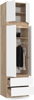 BDW Kleiderschrank mit Aufsatz, 4-türiger Kleiderschrank, 2 Schubladen, Kleiderschrank für das Schlafzimmer, Wohnzimmer, Flur, 234x60x51cm (Eiche Sonoma/Weiß)