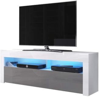 Alan – TV-Lowboard / TV-Bank / Fernsehschrank (160 cm, Weiß Matt / Grau Hochglanz, LED in Blau)