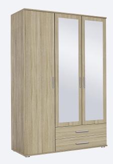 Rauch Möbel Rasant, Schrank Drehtürenschrank mit Spiegel inklusive 2 Schubladen, 3-türig, Zubehörpaket Basic 3 Einlegeböden, 1 Kleiderstange, Eiche Sonoma, 52 x 127 x 188 cm