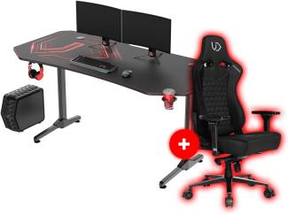ULTRADESK Frag XXL 160x75 cm + Throne Gaming Stuhl, Gamer Tisch mit großer Arbeitsfläche & XXL-Pad, 2 Kabeldurchlässe, Fach für Steckdosenleisten, Stahlgestell, Rot