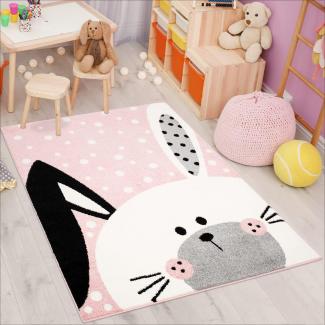 carpet city Kinderteppich Bubble Kids Flachflor Schlappohr-Hase, weiß gepunktet in Rosa für Kinderzimmer; Größe: 140x200 cm