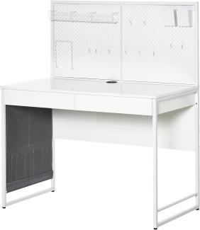 HOMCOM Computertisch Schreibtisch mit 2 Schubladen Notizgitter Stofftasche mit Gitterwand Haken Arbeitstisch Bürotisch Laptop Stahl Spanplatte Weiß+Grau 110 x 58,5 x 127 cm