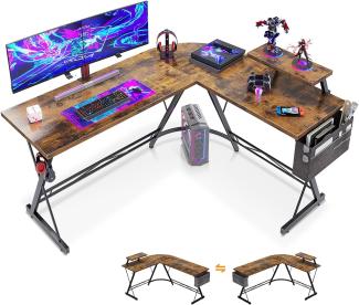ODK L-förmiger Schreibtisch, Computertisch, Bürotisch mit runder Ecke, Gaming-Tisch mit Monitorablage, 147 x 120cm, Weinlese