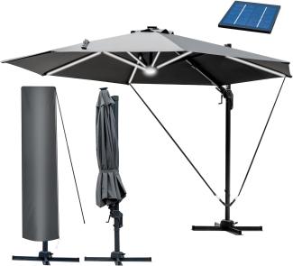 BRAST Alu Sonnenschirm Ampelschirm Ø360cm Grau + LEDs Windsicherung & Schützhülle UV-Schutz 80+ wasserabweisend mit Kurbelvorrichtung drehbar schwenkbar & höhenverstellbar