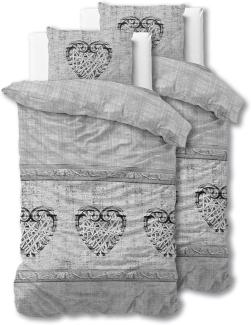 Sleeptime Bettwäsche 4teilig 135cm x 200cm 4teilig grau - Vintage Herzen - weich & bügelfrei Bettbezüge mit Reißverschluss - Bettwäsche Set mit 2 Kissenbezüge 80cm x 80cm