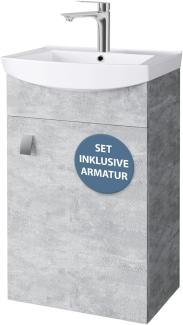 Planetmöbel Badmöbel Set aus Waschtisch mit Unterschrank 45cm in Beton, Waschbecken und Armatur in Chrom, Zeitloses Badezimmerset