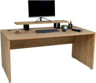 Furni24 Schreibtisch fürs Arbeitszimmer und Home Office - Großer laminierter Computertisch aus Holz, 2 Kabeldurchlässe, Bodengleiter (Saphir-Eiche, inkl. Monitorständer, 160x80x75 cm)
