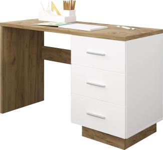 Domando Schreibtisch Molveno Modern für Büro Breite 121cm, drei großzügige Schubladen in Eiche Gold und Weiß Matt