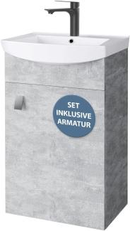 Planetmöbel Badmöbel Set aus Waschtisch mit Unterschrank 45cm in Beton, Waschbecken und Armatur in Schwarz, Zeitloses Badezimmerset