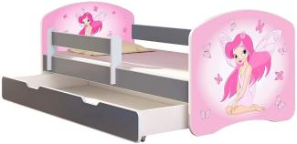 ACMA Kinderbett Jugendbett mit Einer Schublade und Matratze Grau mit Rausfallschutz Lattenrost II (07 Rosa Fee, 160x80 + Bettkasten)