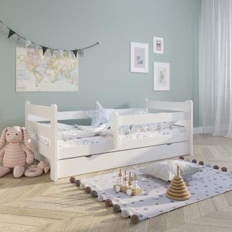 Kinderbett Voll-Holz 160x80 mit Rausfallschutz, Lattenrost & Schublade in weiß Kiefer 80 x 160 Mädchen Jungen Bett Skandi