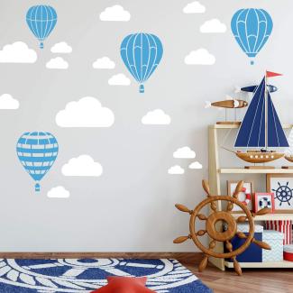 Heißluftballon & Wolken Aufkleber Wandtattoo Himmel | Wandbild 6x DIN A4 Bögen | Sticker Kinder Kinderzimmer Deko Ballons (Lichtblau)