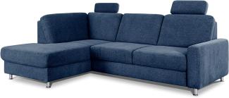 CAVADORE Ecksofa Clint / L-Form Sofa mit Federkern und Ottomane links / Inkl. Kopfstützen / Soft Clean: Leichte Fleckenentfernung / 246 x 86 x 165 / Flachgewebe: Blau