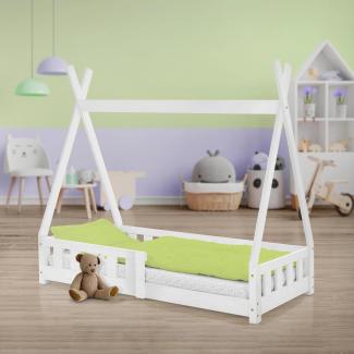 Kinderbett mit Rausfallschutz und Lattenrost 70x140 cm Weiß aus Kiefernholz ML-Design