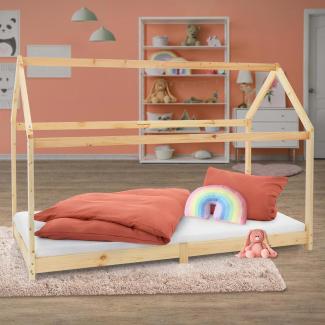 Kinderbett mit Dach und Lattenrost 90x200 cm Natur aus Kiefernholz ML-Design