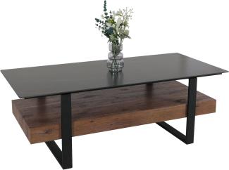 Couchtisch HWC-L88, Wohnzimmertisch Tisch, Ablage Eisen 43x120x60cm Sinterstein Marmor-Optik schwarz Holz dunkelbraun